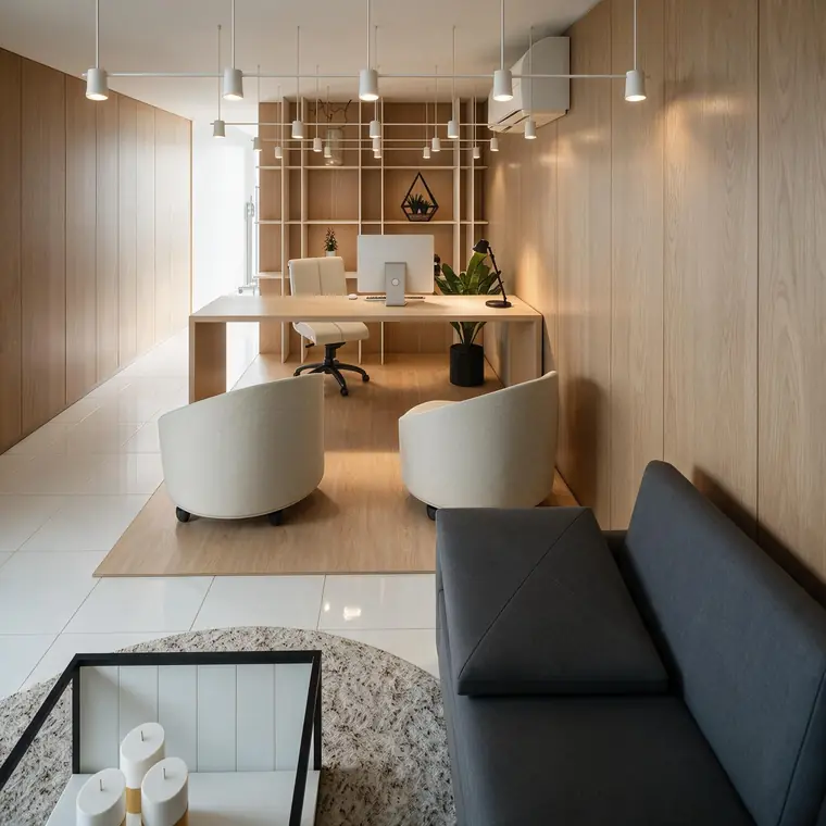 Render del consultorio modelo 2 con área de consulta y sala
