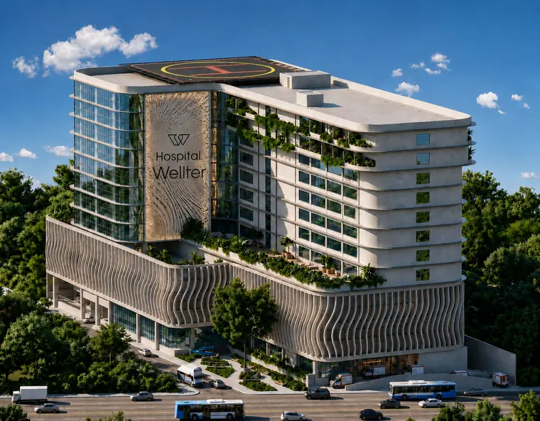 Render de la fachada principal de Wellter con terrazas ajardinadas y helipuerto