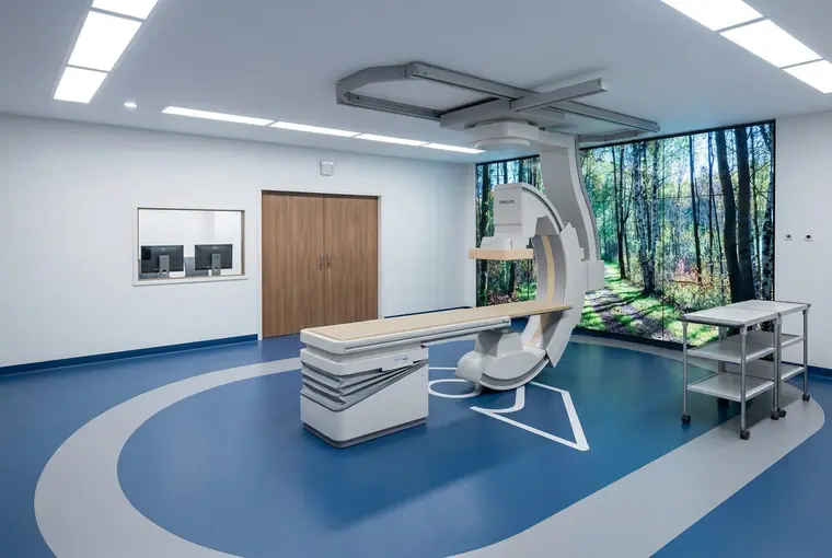 Render de la sala de hemodinamia con muro de bosque