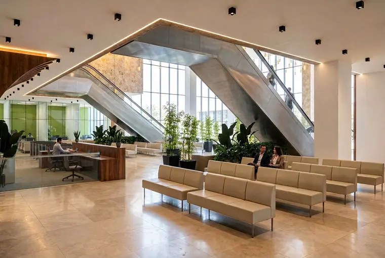 Render del área de espera junto a las escaleras eléctricas