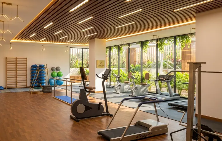 Render del gimnasio de rehabilitación con plafón de madera